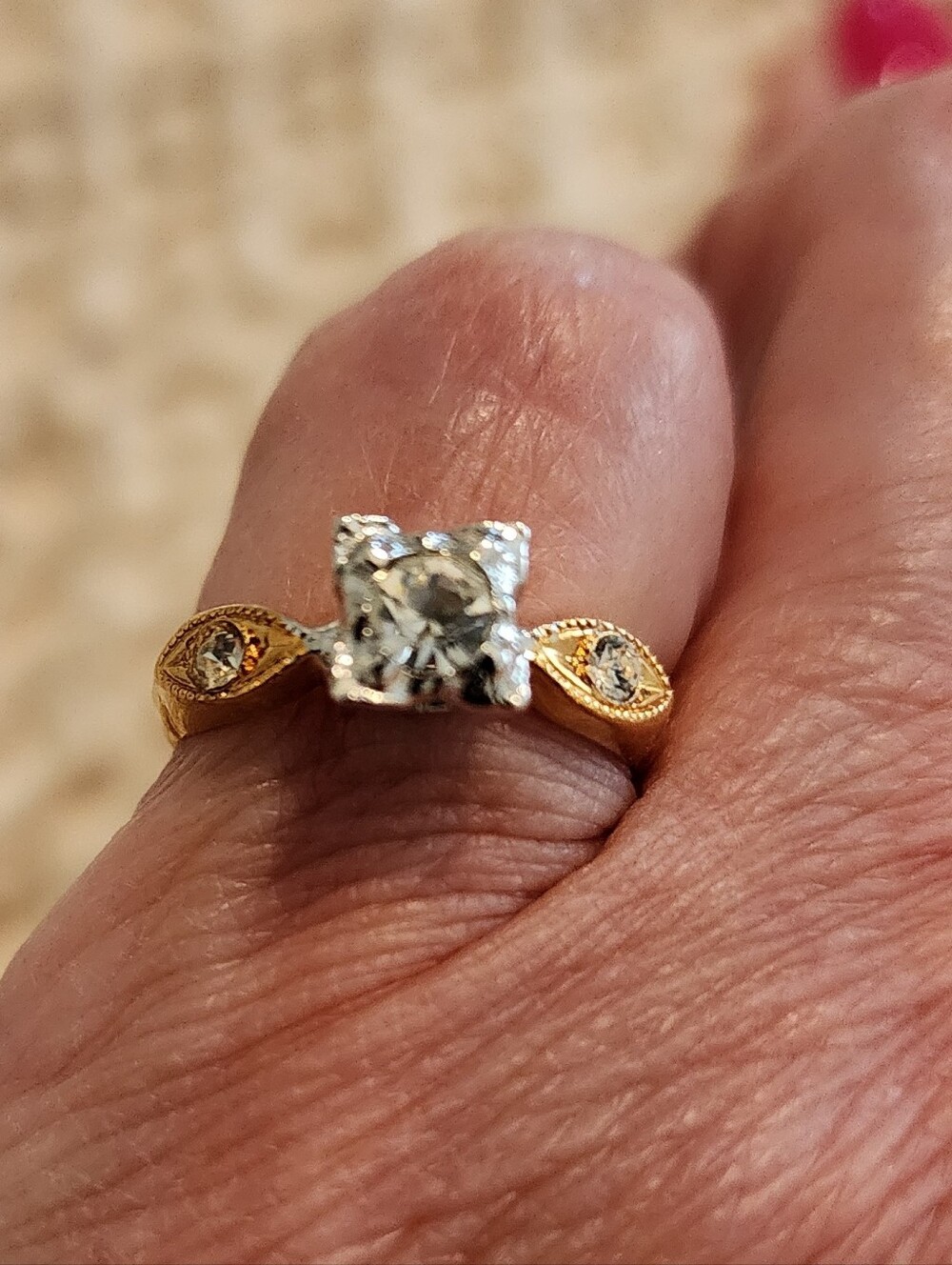 Vintage 24K Gold Electroplated Solitaire-Style Ring Square Setting Size 5
